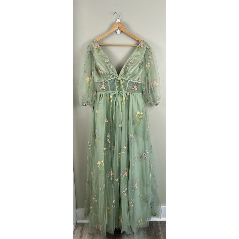 Green Floral Midi Dress with Sheer Puff Sleeves - Picture 2 of 12